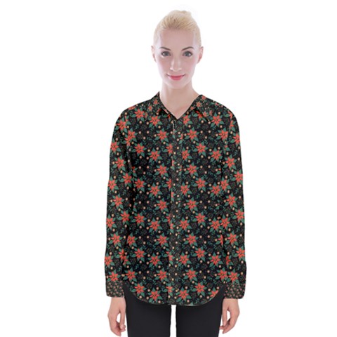 Medium Red Christmas Poinsettias On Black Womens Long Sleeve Shirt by PodArtist