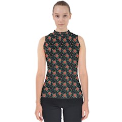 Medium Red Christmas Poinsettias On Black Mock Neck Shell Top by PodArtist