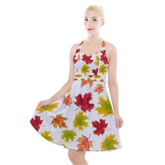 Bright Autumn Leaves Halter Party Swing Dress  by SychEva