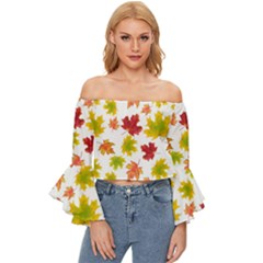 Bright Autumn Leaves Off Shoulder Flutter Bell Sleeve Top by SychEva