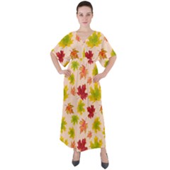 Bright Autumn Leaves V-neck Boho Style Maxi Dress by SychEva
