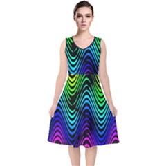 Abstract Rainbow Curves Pattern V-neck Midi Sleeveless Dress  by Casemiro