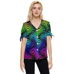 Abstract Rainbow Curves Pattern Bow Sleeve Button Up Top by Casemiro