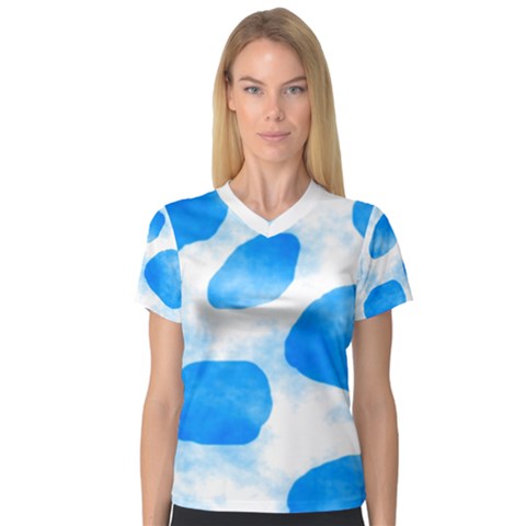 Cloudy Watercolor, Blue Cow Spots, Animal Fur Print V-neck Sport Mesh Tee by Casemiro