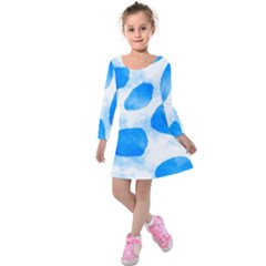 Cloudy Watercolor, Blue Cow Spots, Animal Fur Print Kids  Long Sleeve Velvet Dress