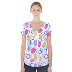 Abstract Multicolored Shapes Short Sleeve Front Detail Top by SychEva