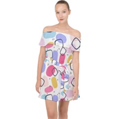 Abstract Multicolored Shapes Off Shoulder Chiffon Dress by SychEva