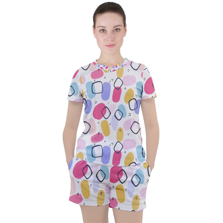 Abstract Multicolored Shapes Women s Tee and Shorts Set