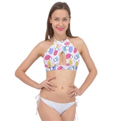 Abstract Multicolored Shapes Cross Front Halter Bikini Top by SychEva