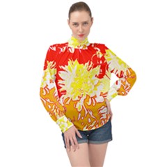 Red And Yellow Floral High Neck Long Sleeve Chiffon Top