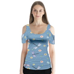 Cute Dragonflies In Spring Butterfly Sleeve Cutout Tee 