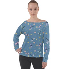 Cute Dragonflies In Spring Off Shoulder Long Sleeve Velour Top by SychEva