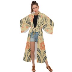 Folk Flowers Print Floral Pattern Ethnic Art Maxi Kimono by Eskimos