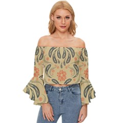 Folk Flowers Print Floral Pattern Ethnic Art Off Shoulder Flutter Bell Sleeve Top