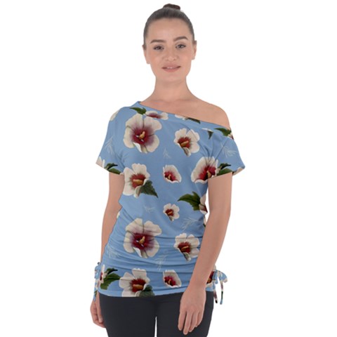 Hibiscus Flowers Off Shoulder Tie-up Tee by SychEva