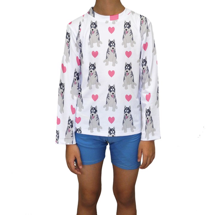 Little Husky With Hearts Kids  Long Sleeve Swimwear