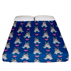 Little Husky With Hearts Fitted Sheet (queen Size) by SychEva