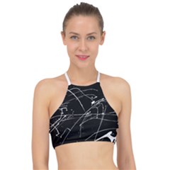 Abstract White Paint Streaks On Black Racer Front Bikini Top by VernenInk