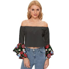 Alice In Wonderland Flower Off Shoulder Flutter Bell Sleeve Top