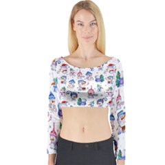 Cute Snowmen Celebrate New Year Long Sleeve Crop Top by SychEva