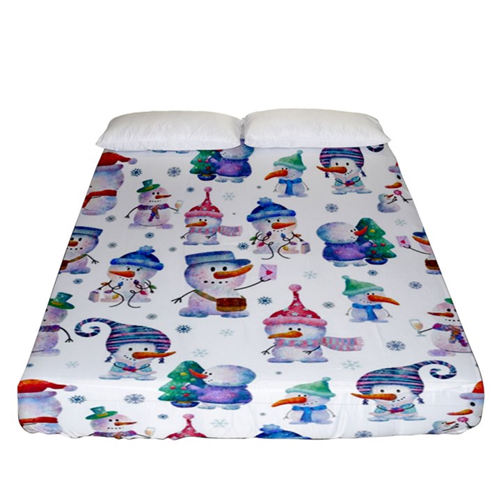 Cute Snowmen Celebrate New Year Fitted Sheet (Queen Size)