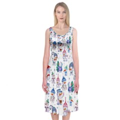 Cute Snowmen Celebrate New Year Midi Sleeveless Dress by SychEva