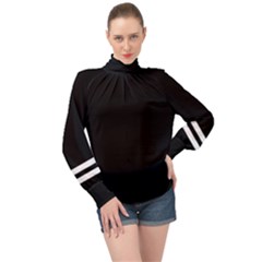 Two Lower Horizontal White Stripes On Black High Neck Long Sleeve Chiffon Top by VernenInk