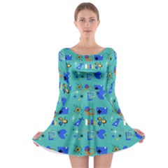 Green 50s Pattern Long Sleeve Skater Dress by InPlainSightStyle
