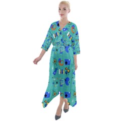 Green 50s Pattern Quarter Sleeve Wrap Front Maxi Dress by InPlainSightStyle