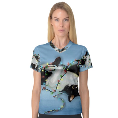 Christmas Cat V-neck Sport Mesh Tee by Blueketchupshop