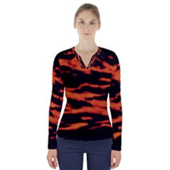 Red  Waves Abstract Series No9 V-Neck Long Sleeve Top