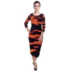 Red  Waves Abstract Series No9 Quarter Sleeve Midi Velour Bodycon Dress