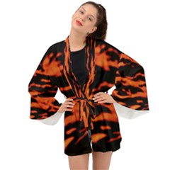 Red  Waves Abstract Series No9 Long Sleeve Kimono by DimitriosArt