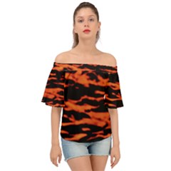 Red  Waves Abstract Series No9 Off Shoulder Short Sleeve Top by DimitriosArt