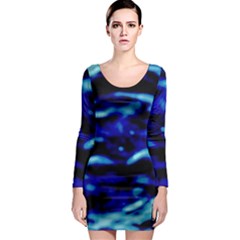Blue Waves Abstract Series No8 Long Sleeve Bodycon Dress