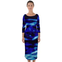 Blue Waves Abstract Series No8 Quarter Sleeve Midi Bodycon Dress