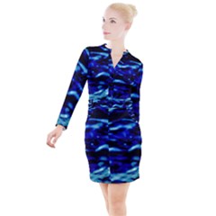 Blue Waves Abstract Series No8 Button Long Sleeve Dress