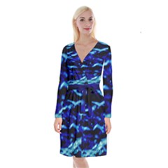 Blue Waves Abstract Series No8 Long Sleeve Velvet Front Wrap Dress by DimitriosArt