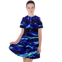 Blue Waves Abstract Series No8 Short Sleeve Shoulder Cut Out Dress 