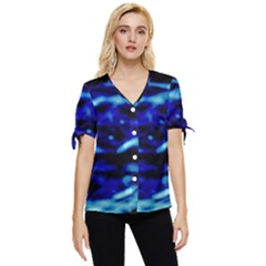 Blue Waves Abstract Series No8 Bow Sleeve Button Up Top