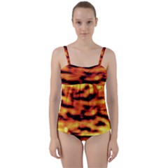 Red  Waves Abstract Series No5 Twist Front Tankini Set by DimitriosArt