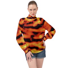 Red  Waves Abstract Series No5 High Neck Long Sleeve Chiffon Top