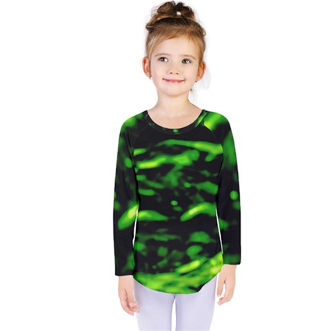 Green  Waves Abstract Series No3 Kids  Long Sleeve Tee by DimitriosArt