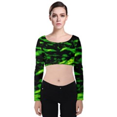 Green  Waves Abstract Series No3 Velvet Long Sleeve Crop Top by DimitriosArt