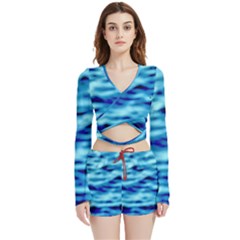 Blue Waves Abstract Series No4 Velvet Wrap Crop Top and Shorts Set