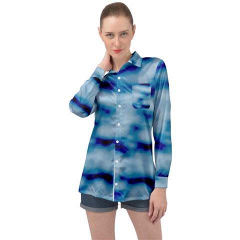 Blue Waves Abstract Series No5 Long Sleeve Satin Shirt by DimitriosArt