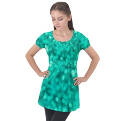 Light Reflections Abstract No9 Turquoise Puff Sleeve Tunic Top by DimitriosArt