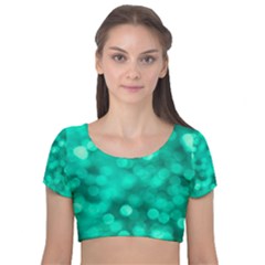 Light Reflections Abstract No9 Turquoise Velvet Short Sleeve Crop Top  by DimitriosArt