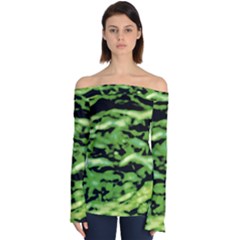 Green  Waves Abstract Series No11 Off Shoulder Long Sleeve Top