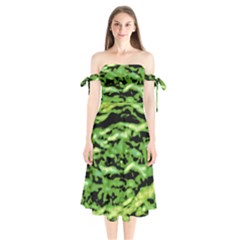 Green  Waves Abstract Series No11 Shoulder Tie Bardot Midi Dress